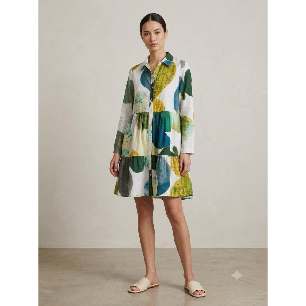 Dress Addict Abstract Watercolor Tiered Shirt Dress XS Coastal Artsy Ethereal